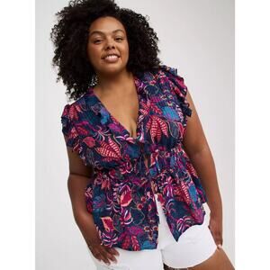 Torrid Ruffle V-Neck Tie Front Blouse Flutter Sleeves NWOT Size 1